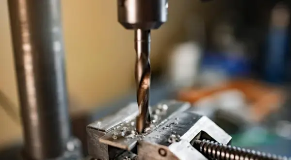 Wiertło wkręca się w metalowy element zamocowany w imadle.